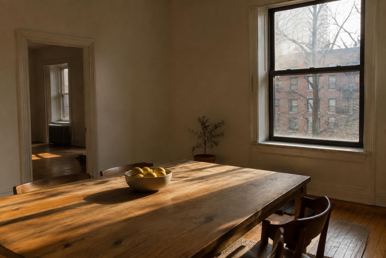 Een houten tafel met een schaal citroenen in een lege kamer
